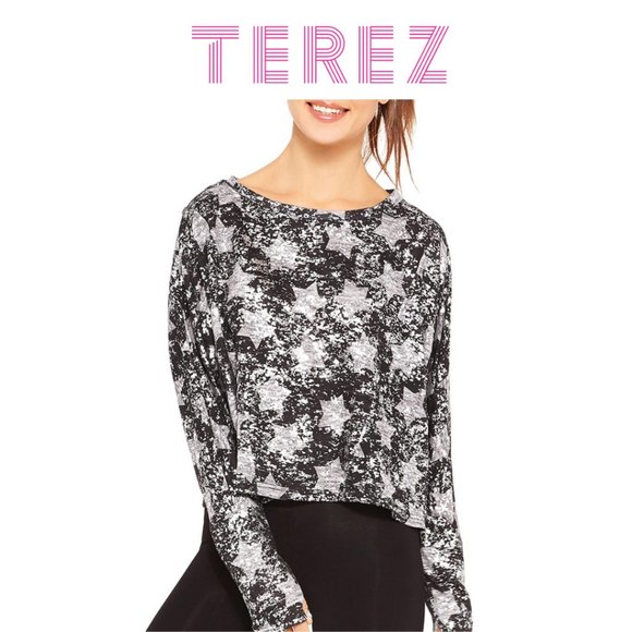Terez Tops - Foil Star-Print Cropped Pullover Sweater